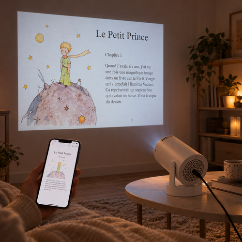 Illustration de mise en situation : PDF sur téléphone et projection murale